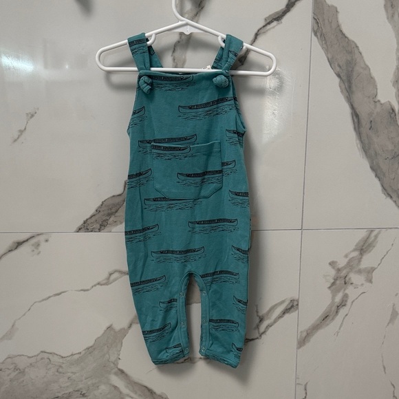 Kate Quinn Teal Overalls with Canoe Design, Button Down Details Backside 6-12 M - Picture 1 of 5